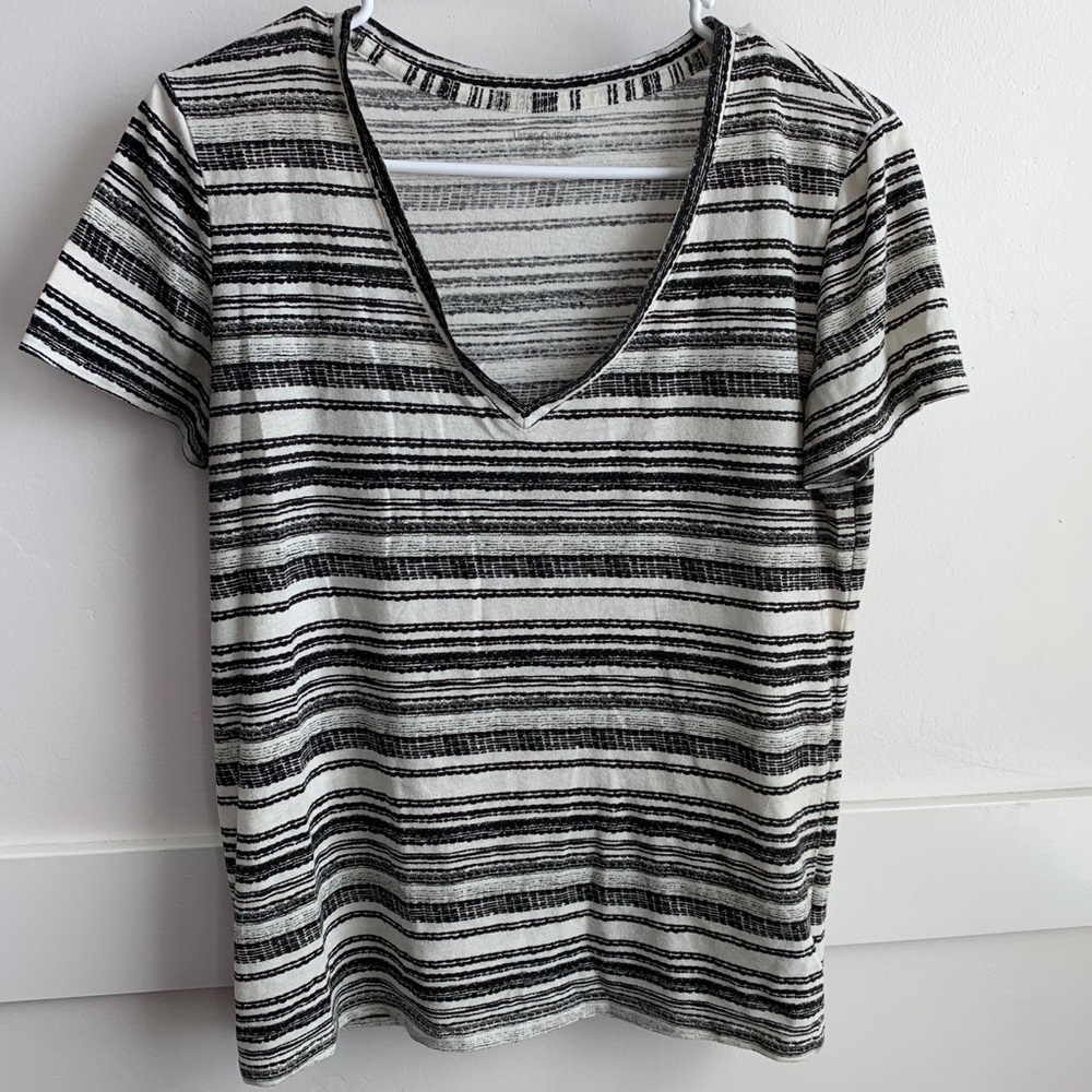 Urban Outfitters White & Black Striped V-Neck Short Sleeve Shirt